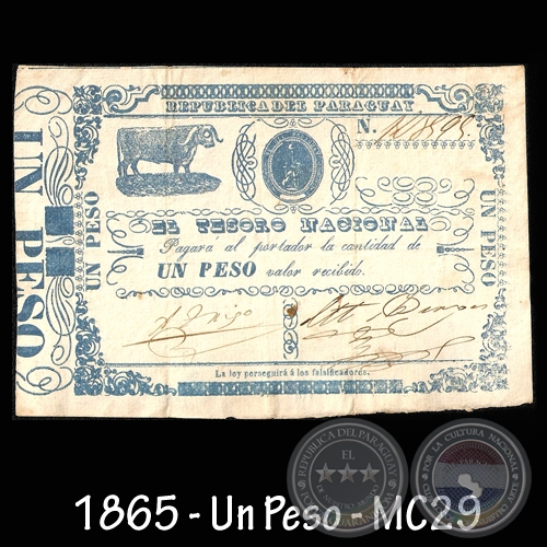 1865 - UN PESO - FIRMAS: AGUSTN TRIGO  MIGUEL BERGES