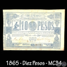 1865 - DIEZ PESOS - FIRMAS: PEDRO PASCUAL HAEDO  FAUSTINO BEDOYA