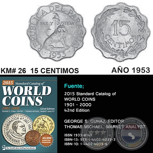 KM# 26 15 CENTIMOS - AO 1953 - MONEDAS DE PARAGUAY