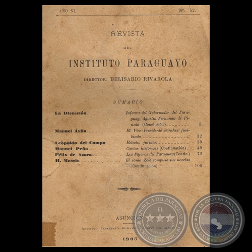 REVISTA DEL INSTITUTO PARAGUAYO - N 52 - AO VI, 1905 - Director: BELISARIO RIVAROLA