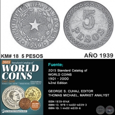 KM# 18 5 PESOS - AÑO 1939 - MONEDAS DE PARAGUAY