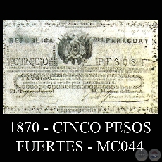 1870 - CINCO PESOS FUERTES - MC044 - FIRMAS: TOMS GREENSHIELDS  JOS TORIBIO ITURBURU